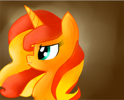 Size: 593x477 | Tagged: safe, artist:starluzbrony, sunset shimmer, pony, unicorn, g4, abstract background, bust, female, mare, open mouth, smiling, solo