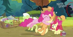 Size: 500x253 | Tagged: safe, apple bloom, applejack, pinkie pie, g4, my little pony: friendship is magic, pinkie apple pie, slenderman