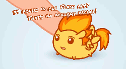 Size: 600x332 | Tagged: safe, artist:4as, spitfire, human, pegasus, pony, g4, academy record, animated, blob, chibi, chubbie, cute, cutefire, dialogue, female, flash, game, link, mare, offscreen character, offscreen human, open mouth, poking, touch