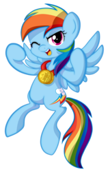 Size: 1288x2000 | Tagged: safe, artist:breloomsgarden, rainbow dash, pegasus, pony, g4, female, medal, one eye closed, smiling, solo, wink