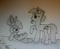 Size: 578x472 | Tagged: safe, apple bloom, nurse redheart, g4, bandage, crying, monochrome, traditional art