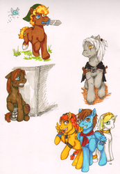 Size: 600x865 | Tagged: safe, artist:silverracoon, aika, amnesia: the dark descent, crossover, daniel of mayfair, fina, geralt of rivia, link, navi, ponified, skies of arcadia, the legend of zelda, the witcher, vyse