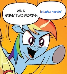 Size: 334x366 | Tagged: safe, idw, applejack, rainbow dash, g4, citation needed, comic, exploitable meme, meme, two words meme, wikipedia