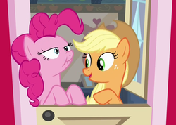 Size: 975x695 | Tagged: safe, screencap, applejack, pinkie pie, g4, pinkie apple pie, derp, scrunchy face, smiling