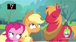 Size: 1077x606 | Tagged: safe, screencap, applejack, big macintosh, pinkie pie, earth pony, pony, g4, pinkie apple pie, hub logo, male, out of context, stallion