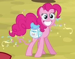 Size: 491x388 | Tagged: safe, screencap, pinkie pie, g4, pinkie apple pie, confetti, female, saddle bag, solo, streamers