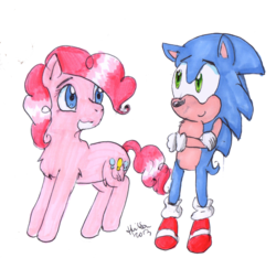 Size: 1716x1605 | Tagged: safe, artist:hollsterweelskitty, pinkie pie, g4, crossover, crossover shipping, cute, female, interspecies, male, shipping, sonic the hedgehog, sonic the hedgehog (series), sonicpie, sonipie, straight, traditional art