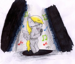 Size: 2137x1809 | Tagged: safe, artist:hollsterweelskitty, derpy hooves, pony, g4, art trade, bipedal, female, filly, foal, microphone, music notes, singing, solo, traditional art, younger