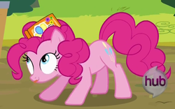 Size: 837x523 | Tagged: safe, screencap, pinkie pie, pony, g4, pinkie apple pie, :p, cartoon physics, female, hammerspace, hammerspace hair, hub logo, lipstick, mane, pinkie's magic hair, smiling, solo, tongue out