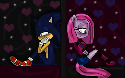 Size: 916x574 | Tagged: safe, artist:fluttershy-fantasy, pinkie pie, earth pony, anthro, plantigrade anthro, g4, clothes, crossover, crossover shipping, cute, dark sonic, female, heart, interspecies, love, male, pinkamena diane pie, sad, shipping, sonic the hedgehog, sonic the hedgehog (series), sonicified, sonicpie, sonipie, straight, style emulation