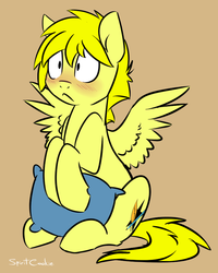Size: 698x872 | Tagged: safe, artist:spiritcookie, oc, oc only, oc:skylark, pegasus, pony, blushing, brown background, male, pillow, simple background, sitting, solo, stallion