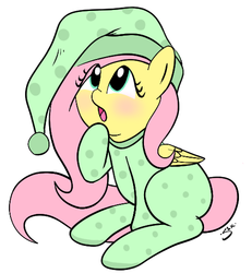 Size: 483x522 | Tagged: safe, artist:silver1kunai, fluttershy, pegasus, pony, g4, blushing, clothes, cute, diabetes, footed sleeper, footie pajamas, hat, hoof on chin, nightcap, onesie, open mouth, pajamas, shyabetes