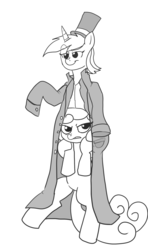 Size: 1222x2064 | Tagged: safe, artist:klondike, bon bon, lyra heartstrings, sweetie drops, earth pony, pony, g4, bipedal, bon bon is not amused, clothes, coat, hat, lineart, monochrome, muppet man, the muppets, top hat