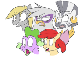 Size: 700x555 | Tagged: safe, artist:klondike, apple bloom, derpy hooves, gilda, spike, zecora, griffon, pegasus, pony, zebra, g4, female, mare, varying degrees of want