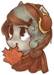 Size: 594x818 | Tagged: safe, artist:johling, oc, oc only, oc:maple, earth pony, pony, :t, bust, clothes, cute, earmuffs, hairclip, leaf, maple leaf, mouth hold, nom, scarf, simple background, smiling, solo, transparent background