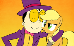 Size: 3000x1854 | Tagged: safe, artist:thematrixman, applejack, earth pony, human, pony, g4, bowtie, clothes, crossover, eyebrows, female, gloves, human male, male, mare, raised eyebrow, shirt, simple background, smiling, superjail, the warden