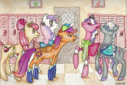 Size: 1024x684 | Tagged: safe, artist:aroselovell, apple bloom, diamond tiara, scootaloo, silver spoon, sweetie belle, g4, cutie mark crusaders, traditional art