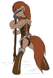 Size: 1081x1574 | Tagged: safe, artist:ho7y5hoxx, oc, oc only, pony, semi-anthro, back, barbarian, bipedal, butt, clothes, corset, female, flat colors, floppy ears, garter belt, leather, licking, plot, solo, spear, tongue out, tribal