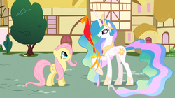 Size: 1054x592 | Tagged: safe, screencap, fluttershy, philomena, princess celestia, alicorn, bird, pegasus, phoenix, pony, a bird in the hoof, g4, ethereal mane, female, looking up, mare, raised hoof, trio