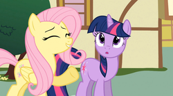 Size: 1054x592 | Tagged: safe, screencap, fluttershy, twilight sparkle, pegasus, pony, unicorn, a bird in the hoof, g4, season 1, duo, eyes closed, raised hoof, unicorn twilight