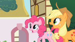 Size: 1054x592 | Tagged: safe, screencap, applejack, pinkie pie, a bird in the hoof, g4, hind legs