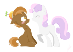 Size: 1850x1335 | Tagged: safe, artist:natsu714, button mash, sweetie belle, g4, blushing, colt, female, filly, foal, lineless, male, ship:sweetiemash, straight