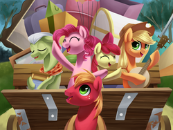 Size: 800x600 | Tagged: safe, artist:chryseum, apple bloom, applejack, big macintosh, granny smith, pinkie pie, earth pony, pony, g4, pinkie apple pie, apples to the core, banjo, female, male, musical instrument, scene interpretation, stallion, wagon