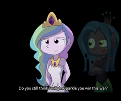 Size: 1024x850 | Tagged: safe, artist:fj-c, princess celestia, queen chrysalis, equestria girls, g4, duo, duo female, engrish, fantasy, female