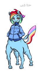 Size: 1191x1855 | Tagged: safe, artist:hige_ago, rainbow dash, centaur, ponytaur, taur, g4, anthro centaur, clothes, female, jacket, japanese, pixiv, solo