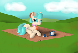 Size: 3500x2392 | Tagged: safe, artist:thealmightydove, coco pommel, g4, female, picnic blanket, solo, teacup, teapot