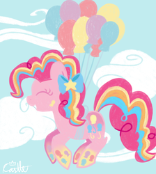 Size: 1300x1450 | Tagged: safe, artist:mtfc1029, pinkie pie, g4, balloon, cloud, cloudy, cute, eyes closed, female, flying, rainbow power, solo, then watch her balloons lift her up to the sky