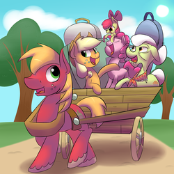 Size: 4000x4000 | Tagged: safe, artist:crazypon3, apple bloom, applejack, big macintosh, granny smith, pinkie pie, bird, earth pony, pony, g4, male, stallion