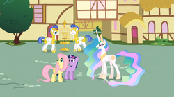 Size: 1054x592 | Tagged: safe, screencap, fluttershy, princess celestia, twilight sparkle, alicorn, pegasus, pony, unicorn, a bird in the hoof, g4, birdcage, cage, female, group, horn, male, mare, mouth hold, pegasus royal guard, quintet, royal guard, stallion, unicorn twilight