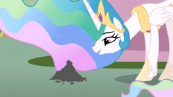 Size: 1054x592 | Tagged: safe, screencap, philomena, princess celestia, alicorn, pony, a bird in the hoof, g4, amused, ash, ethereal mane, female, flowing mane, hoof shoes, jewelry, lidded eyes, looking at something, looking down, mare, multicolored mane, open mouth, peytral, smiling, solo, talking, tiara