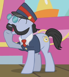 Size: 285x319 | Tagged: safe, screencap, all aboard, earth pony, pony, g4, the last roundup, background pony, clothes, conductor, male, solo, stallion
