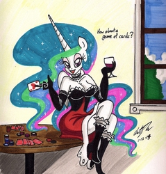 Size: 1280x1340 | Tagged: safe, artist:newyorkx3, princess celestia, alicorn, anthro, plantigrade anthro, g4, ace of hearts, boots, card, cleavage, clothes, dress, evening gloves, female, high heel boots, high heels, poker, shoes, solo, stockings, traditional art, wine