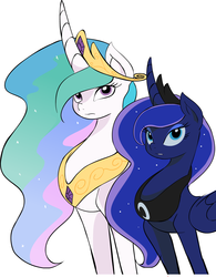 Size: 1129x1449 | Tagged: safe, artist:zev, princess celestia, princess luna, alicorn, pony, g4, female, jewelry, mare, regalia, royal sisters, siblings, simple background, sisters, white background