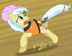 Size: 515x402 | Tagged: safe, screencap, ambrosia, cindy block, earth pony, pony, g4, the mysterious mare do well, background pony, cropped, female, hard hat, looking over shoulder, mare, running away, safety vest, scared, solo, speed lines