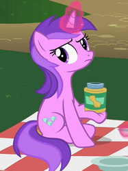 Size: 311x415 | Tagged: safe, screencap, amethyst star, sparkler, pony, unicorn, g4, the mysterious mare do well, amethyst star is not amused, background pony, dexterous hooves, female, glowing horn, holding, horn, jar, magic, mare, peanut butter, solo, that pony sure loves peanut butter