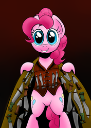 Size: 700x990 | Tagged: safe, artist:darkhestur, pinkie pie, earth pony, pony, g4, bipedal, female, machete, mare, parody, solo