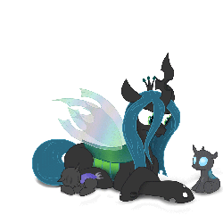 Size: 1350x1350 | Tagged: dead source, safe, artist:artknorke, queen chrysalis, changeling, nymph, g4, animated, blinking, cute, cutealis, cuteling, ear flick, eyes closed, female, floppy ears, freckles, licking lips, male, mommy chrissy, mother, prone, simple background, sleeping, smiling, solo, white background
