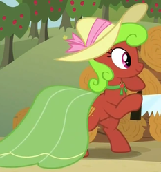 Size: 653x701 | Tagged: safe, screencap, maple apple, earth pony, pony, apple family reunion, g4, apple family member, background pony, bipedal, clothes, cropped, dress, female, hat, logs, mare, saw, skirt, solo