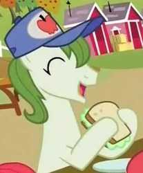 Size: 289x349 | Tagged: safe, screencap, apple bread, earth pony, pony, apple family reunion, g4, apple family member, background pony, cropped, eyes closed, hat, male, open mouth, sandwich, solo, stallion