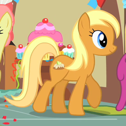 Size: 390x390 | Tagged: safe, screencap, apple cobbler, berry punch, berryshine, gala appleby, earth pony, pony, a bird in the hoof, g4, apple family member, background pony, cropped, female, mare, smiling, solo focus, walking
