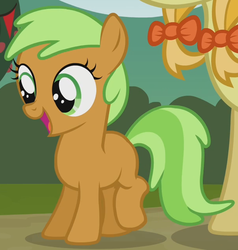 Size: 607x637 | Tagged: safe, screencap, apple crumble, jonagold, marmalade jalapeno popette, earth pony, pony, apple family reunion, g4, apple family member, background pony, cropped, filly, foal, open mouth, raised leg, solo focus