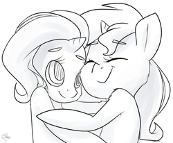 Size: 1044x859 | Tagged: safe, artist:lizzyoli-ravioli, sunset shimmer, trixie, pony, unicorn, g4, female, hug, lesbian, monochrome, ship:suntrix, shipping