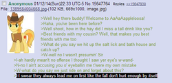 Size: 527x255 | Tagged: safe, braeburn, g4, /mlp/, 4chan, 4chan screencap, anon in equestria, feels, greentext, rejection, rejection is magic, sad, text