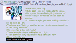 Size: 501x289 | Tagged: safe, rainbow dash, g4, /mlp/, 4chan, 4chan screencap, anon in equestria, feels, greentext, rejection, rejection is magic, sad, text