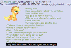 Size: 470x321 | Tagged: safe, applejack, earth pony, pony, g4, /mlp/, 4chan, 4chan screencap, anon in equestria, feels, greentext, rejection, rejection is magic, sad, silly, silly pony, text