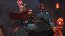 Size: 1366x768 | Tagged: safe, artist:fezwearingdoctor, big macintosh, pinkie pie, earth pony, pony, robot, g4, 3d, engineer, engineer (tf2), gmod, male, pulling, pyro (tf2), stallion, tank (vehicle), team fortress 2, twilight scepter